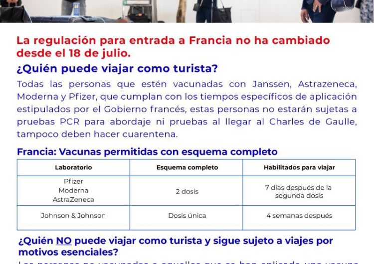 Turistas colombianos pueden seguir viajando a Francia con su esquema de vacunación completo