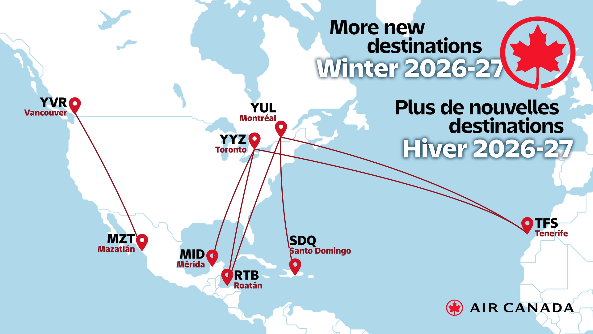 Air Canada suma nuevas rutas hacia México y Tenerife para la temporada de invierno
